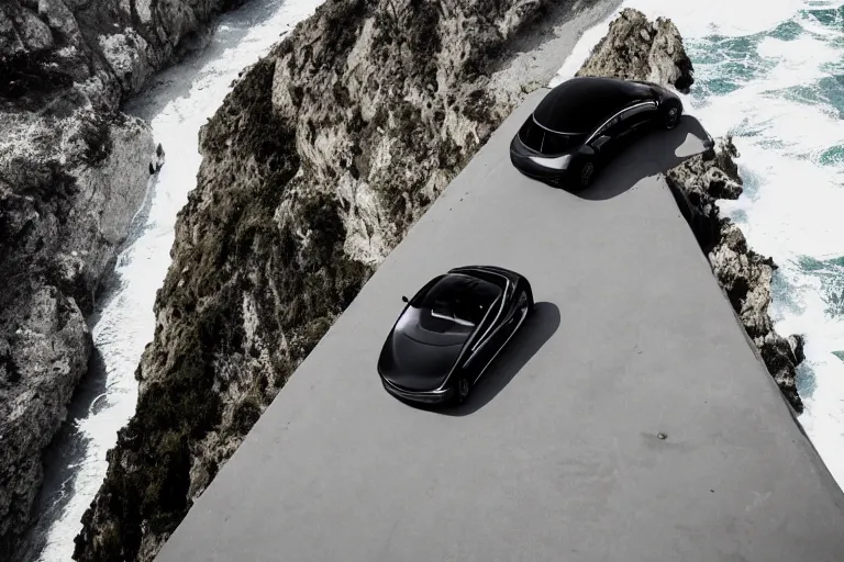 Image similar to photo of a gorgeous black model sitting on a Tesla on a cliff on the ocean By Emmanuel Lubezki