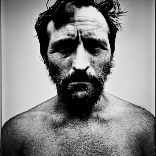 Prompt: A 4x5 portrait of a man, who is dishevelled and beaten down, a million-mile stare, bokeh, depth of field, black & white, grainy, rule of thirds