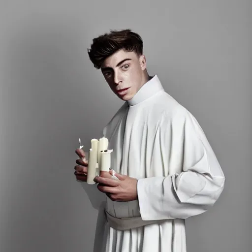 Image similar to attractive kai havertz wearing priest outfit holding large detailed ivory candlestick. natural lighting by ruan jia, portrait