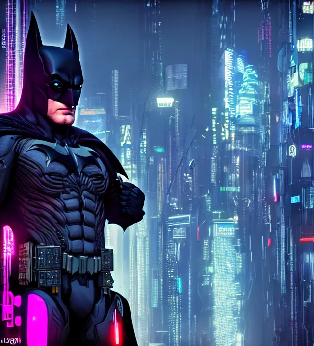 Prompt: close - up character concept of cyberpunk batman!!!! intricate technology on batman's suit, wires and led lights | | blurry gotham city at night in the background, neon lights | | cinematic rim lighting, global illumination, fine details by stanley artgerm lau, trending on artstation, octane render, dreamy, masterpiece