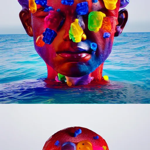 Prompt: a realistic human head sculpture made out of tons of gummy bears on the surface of the ocean, giant sculpture, in the style of chad knight, long shot, hyper detailed, hyper realistic, ray tracing, 8 k resolution, sharp focus, realistic water, award winning