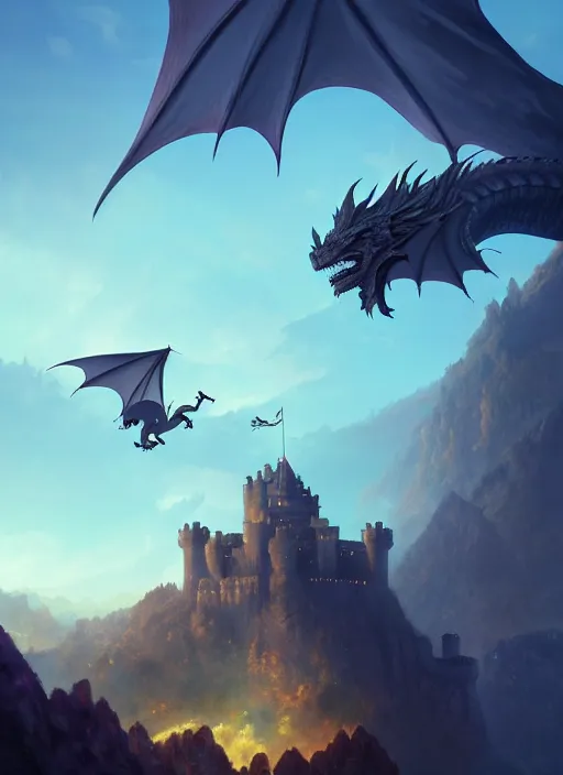 Image similar to dragon flying above the castle, dnd, photorealistic, ultra detailed, trending on artstation, concept art, octane render, unreal engine, by shinji aramaki, by christopher balaskas, by krenz cushart