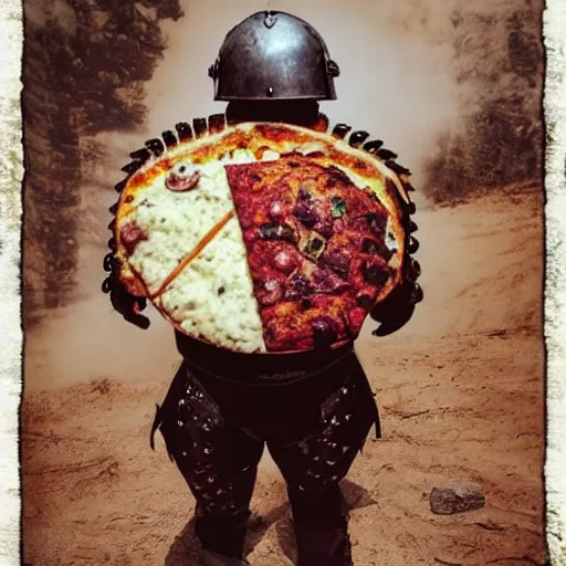 Prompt: adventurer with armor made of pizza,