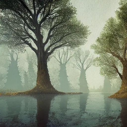 Prompt: magical trees and a river by anderson debernardi and pablo amaringo