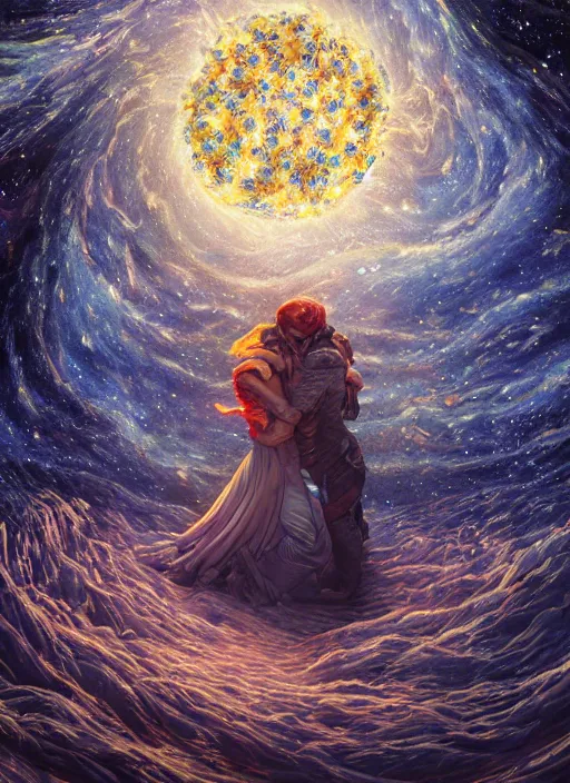 Image similar to An epic fantastic realism comic book style painting of the most beautiful entwined flowers launched across the dark and starry night sky, nebulous bouquets, fisheye lens, unreal 5, DAZ, hyperrealistic, octane render, dynamic lighting