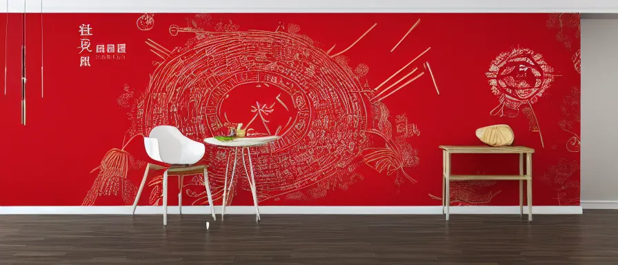 Image similar to a beautiful 4 k hd wall paper illustration of roasted string hotpot, red wallpaper design, simple style, kebab hotpot style, commercial kebab hotpot wallpaper display, wall painting, from china, simple structure, surrealistic, chinese style, victo ngai, denoise, deblurring