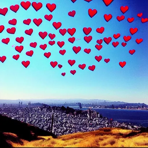 Image similar to “happy photo of twin peaks in San Francisco on a clear sunny day, surrounded by hearts in the sky”