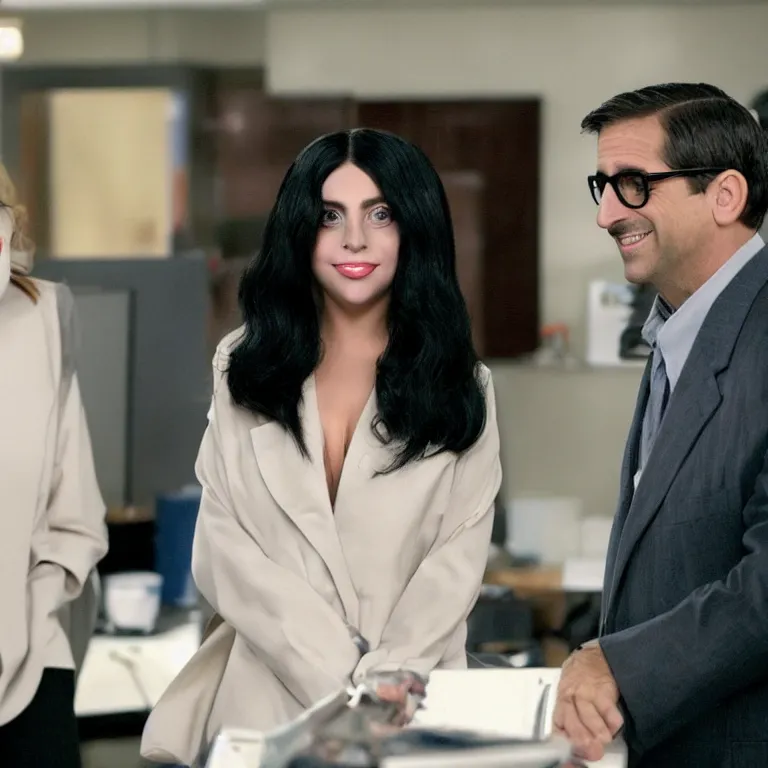 Image similar to confused lady gaga ( black haired ) looking at the camera while young steve carell ( in his early 4 0 s ) smiles behind her, from the office ( 2 0 0 5 ), detailed background, uhd, low light, cinematic, realistic, clear face, clear eyes.