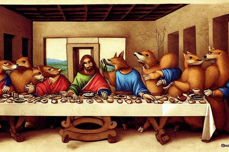 Image similar to The Last Supper with anthropomorphic foxes by Da Vinci, furry art, furaffinity, foxes