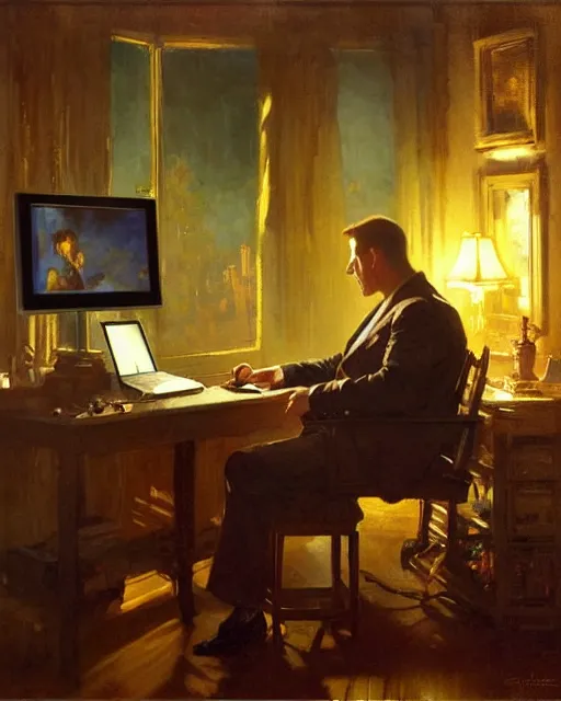 Prompt: attractive 4 5 year old man typing away at his desktop computer, watching the screen gleefully, golden hour painting by gaston bussiere, craig mullins, j. c. leyendecker