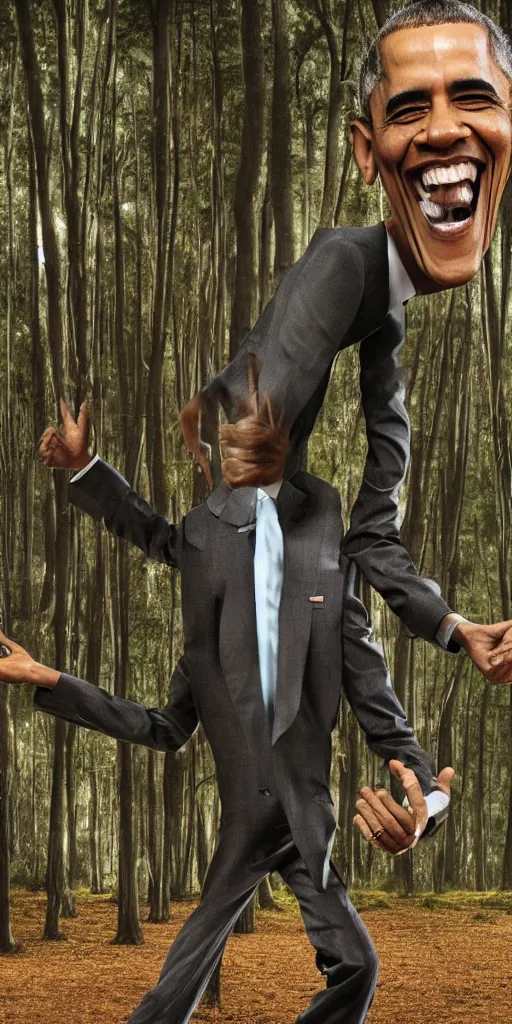 Prompt: Obama with extremely long arms and legs, staring at viewer, smiling, Horror, found footage, dark forest background