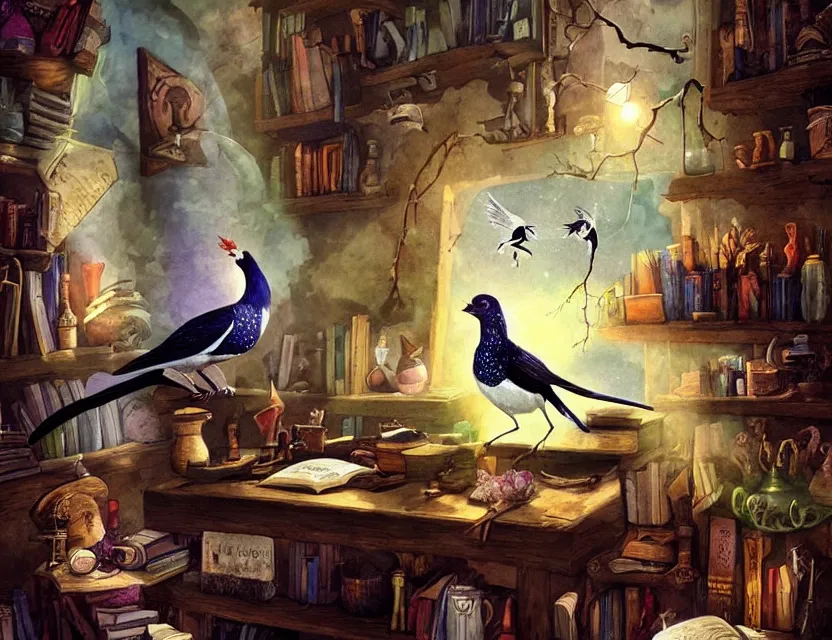 Prompt: magical magpie in an alchemist's study. this matte painting by the beloved children's book illustrator has a beautiful composition, dramatic lighting.