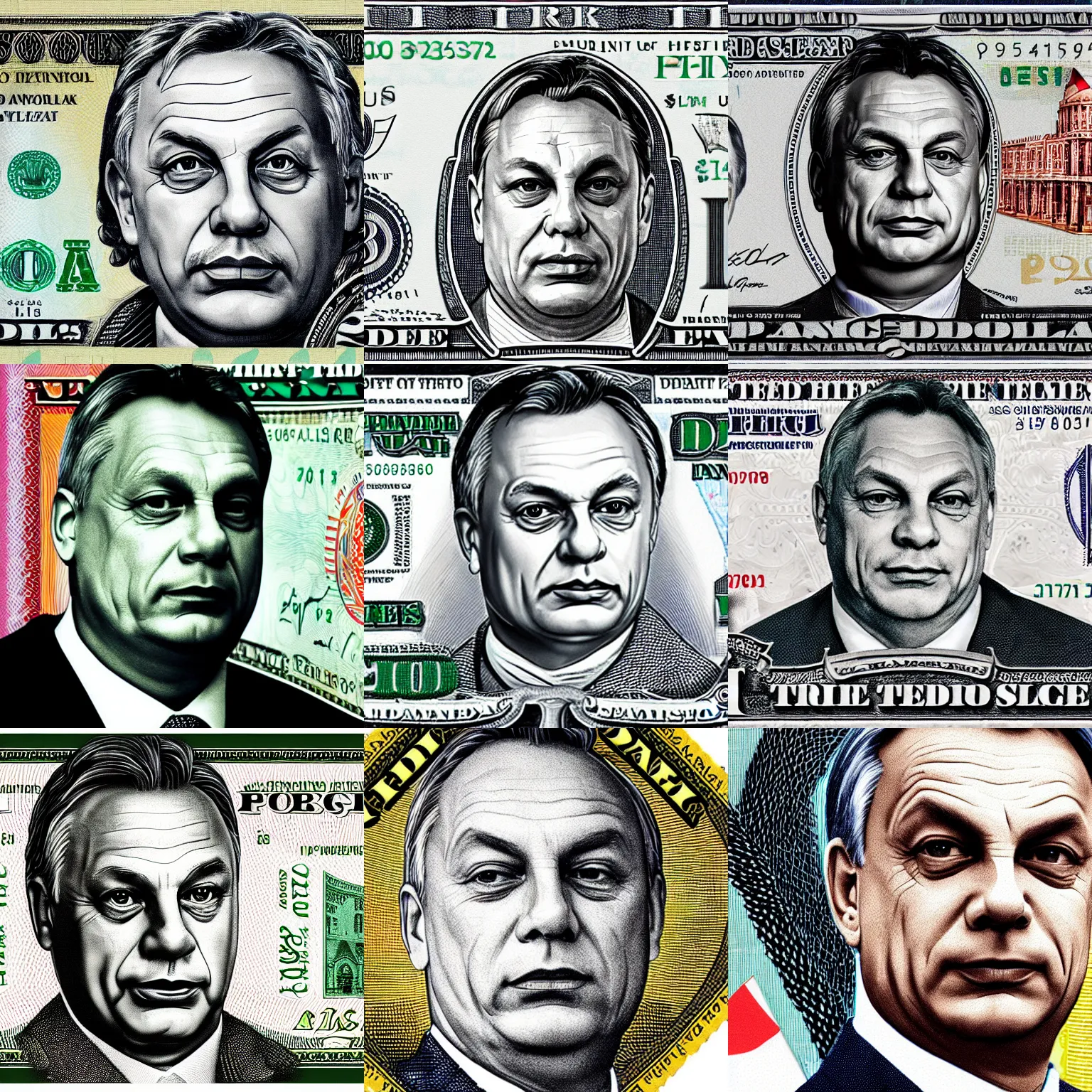 Prompt: portrait of hungarian prime minister viktor orban printed on the us one dollar bill, highly detailed