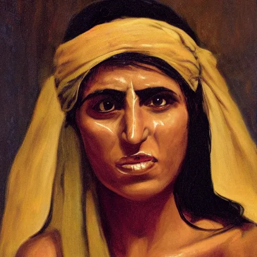 Prompt: intense portrait of 35 year old middle eastern skinned woman in ancient Canaanite clothing