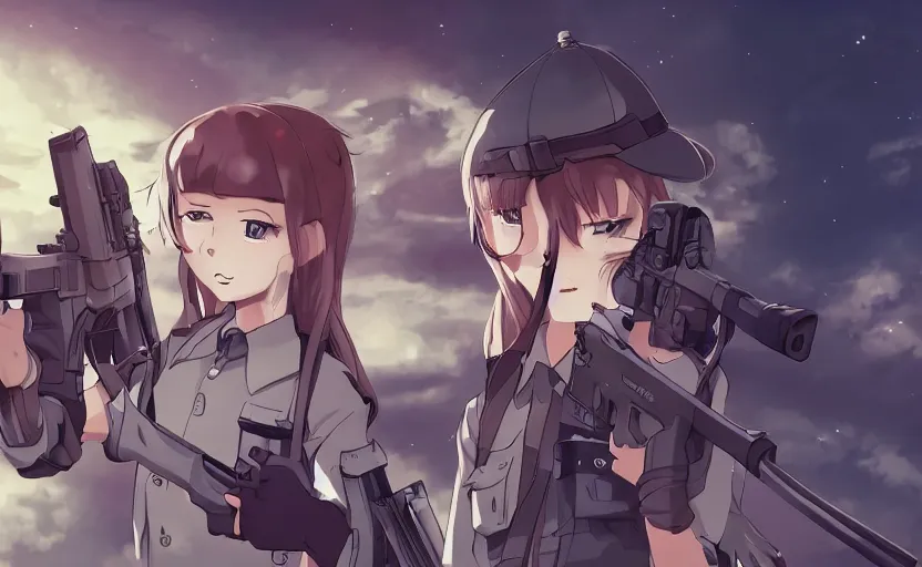 Prompt: a girl in her school uniform holding a shotgun with a cat next to her, epic apocalyptic city, slice of life anime wallpaper, digital art, 4k ultra