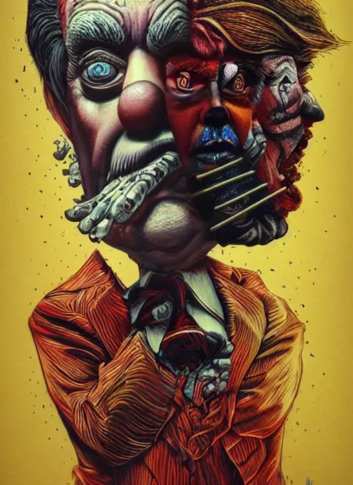 Image similar to donald trump sad clown, grotesque, horror, high details, intricate details, by vincent di fate, artgerm julie bell beeple, 80s, inking, vintage 80s print, screen print