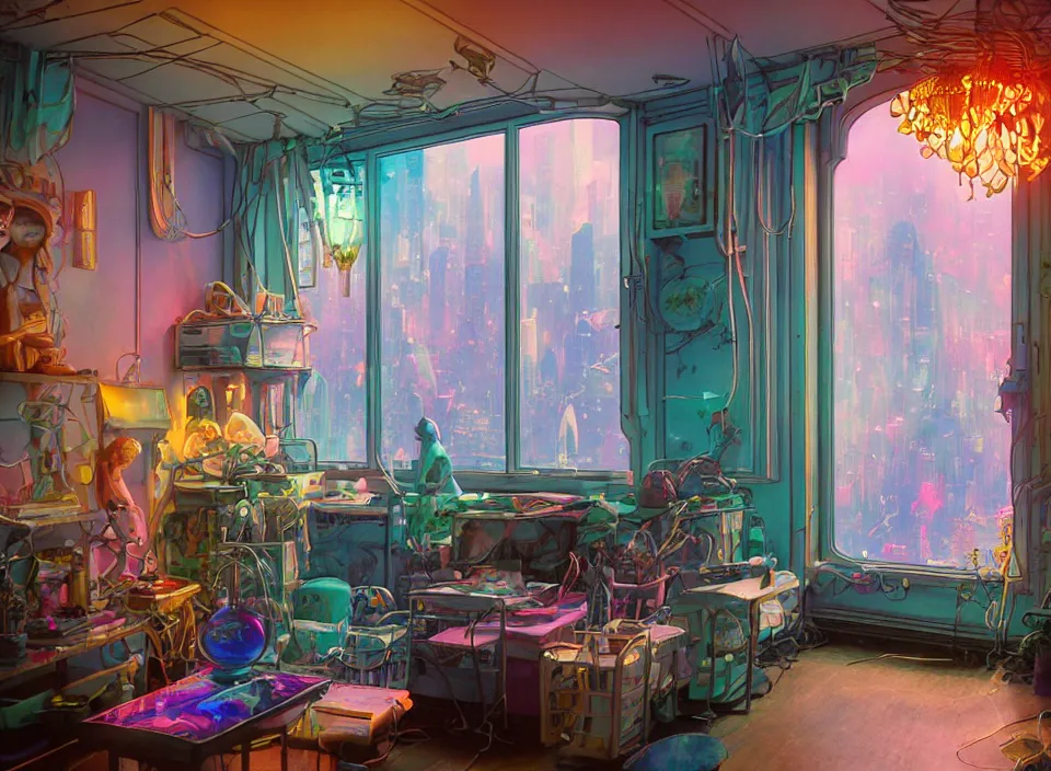 Image similar to telephoto 7 0 mm f / 2. 8 iso 2 0 0 photograph depicting the feeling of chrysalism in a cosy cluttered french sci - fi ( art nouveau ) cyberpunk apartment in a pastel dreamstate art cinema style. ( aquarium, computer screens, window ( city ), leds, lamp, ( ( ( aquarium bed ) ) ) ), ambient light.