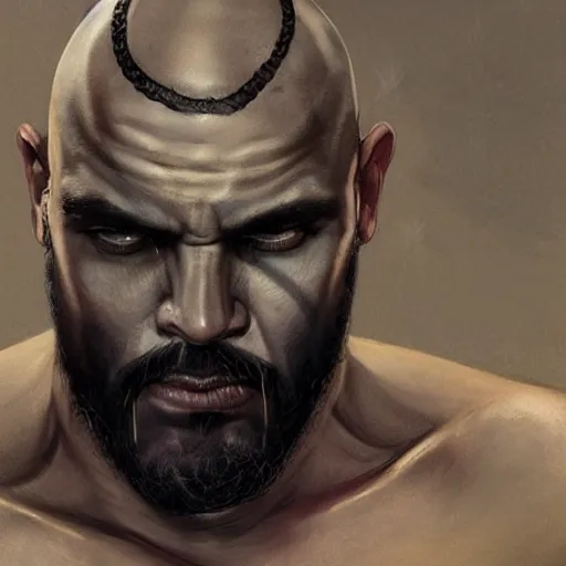 Prompt: a grey goliath man with tribal tattoos, sides of head shaved with black ponytail, black beard, realistic shaded, fine details, realistic shaded lighting poster by greg rutkowski, magali villeneuve, artgerm, jeremy lipkin and michael garmash and rob rey