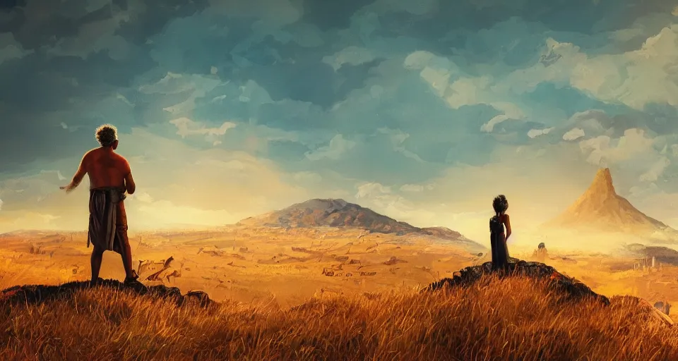 Prompt: a painting of a man and a woman on a hill, a screenshot by Zack Snyder, behance contest winner, afrofuturism, concert poster, behance hd, movie poster,