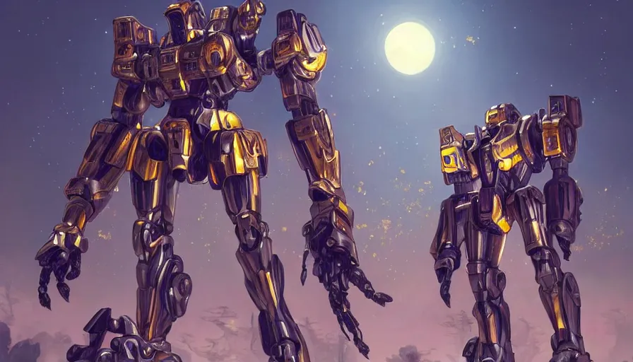 Image similar to large walking mechs and mechsuits covered in reflective gold and silver armor, 'bubblegum crisis' and Japanese mech aesthetic, beautiful moon lit night, many glowing lights, beautiful forests and trees, intricate detail, epic wallpaper, art by WLOP and Jason Chan and darek zabrocki and John Park, trending on artstation, masterpiece.