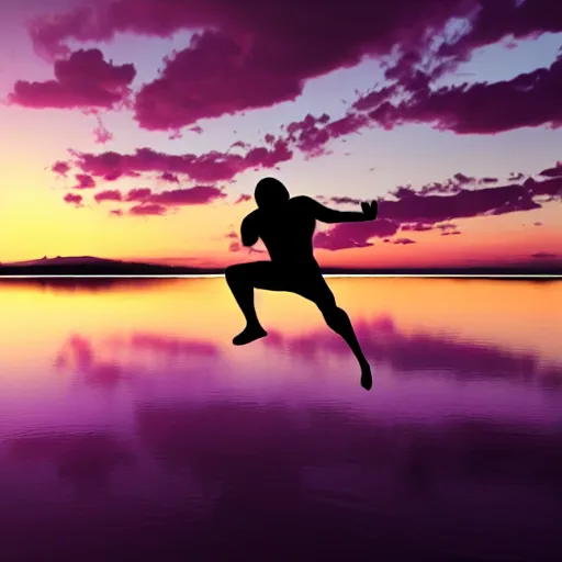 Image similar to purple sunset with a real black silhouette of a demonic walking on water, the sky falls to the ground, high detail