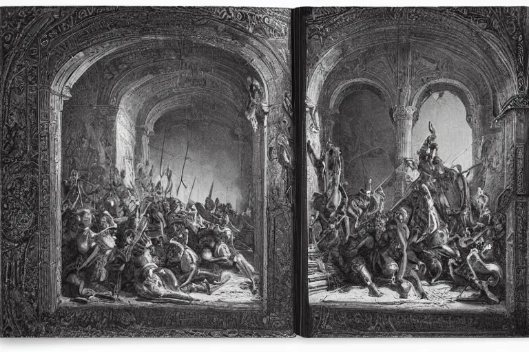 Image similar to highly detailed big open book, open book page, don quixote left the book, symmetrical face, magical, roman myth, masterpiece, highly detailed painting by gustave dore