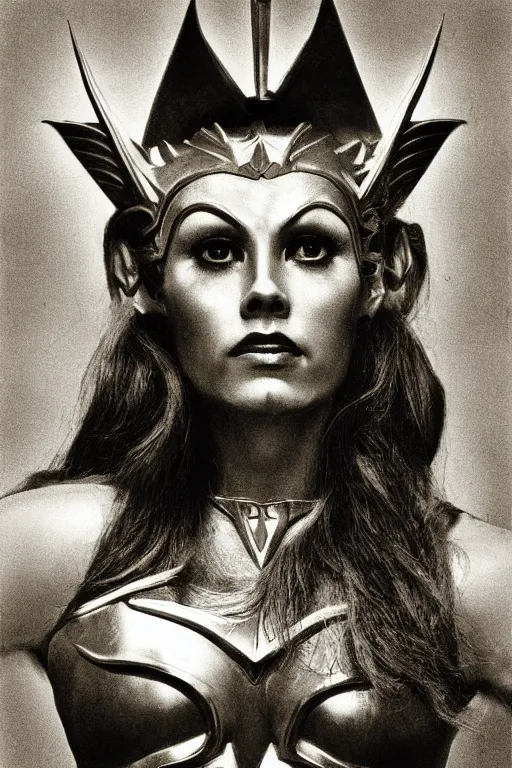 Prompt: she - ra, portrait, full body, symmetrical features, silver iodide, 1 9 8 5 photograph, sepia tone, aged paper, sergio leone, master prime lenses, cinematic