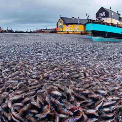 Prompt: peterhead fish market selling boxes of coral reef 4k wide angle