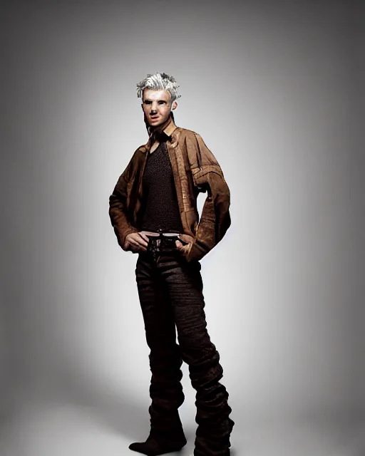 Prompt: an award - winning photo of an ancient male model wearing a plain boot cut flared distressed medieval designer menswear pants designed by alexander mcqueen, 4 k, studio lighting, wide angle lens, 2 0 0 4