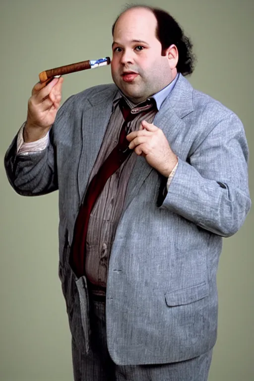 Image similar to portrait photo of george constanza, jason alexander!!, smoking a pipe, atmospheric