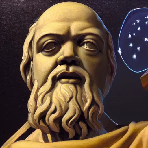 Prompt: oil painting of a statue of socrates wearing a virtual reality headset looking up towards the stars, virtual reality, virtual reality goggles, vr, virtual reality glasses