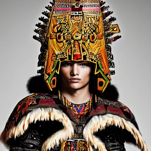 Image similar to a portrait of a beautiful young aztec male wearing an alexander mcqueen armor , photographed by andrew thomas huang, artistic