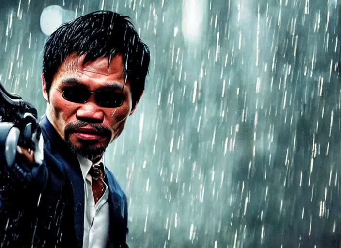 Prompt: film still of manny pacquiao, wearing a suit, holding a gun, dodging a bullet in slow - motion, outside in the rain, in the new matrix movie, 8 k, highly detailed face, dark glasses