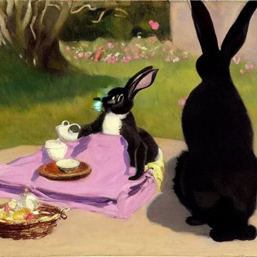 Prompt: a black cat having a picnic with a (bunny), the (bunny) has pink fur, the cat is drinking tea, highly detailed, painted by John Singer Sargent