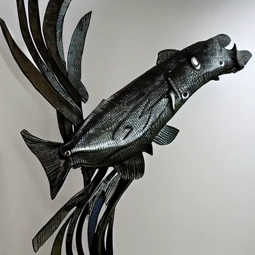 Image similar to award winning iron and steel fishes sculpture by christian funnell