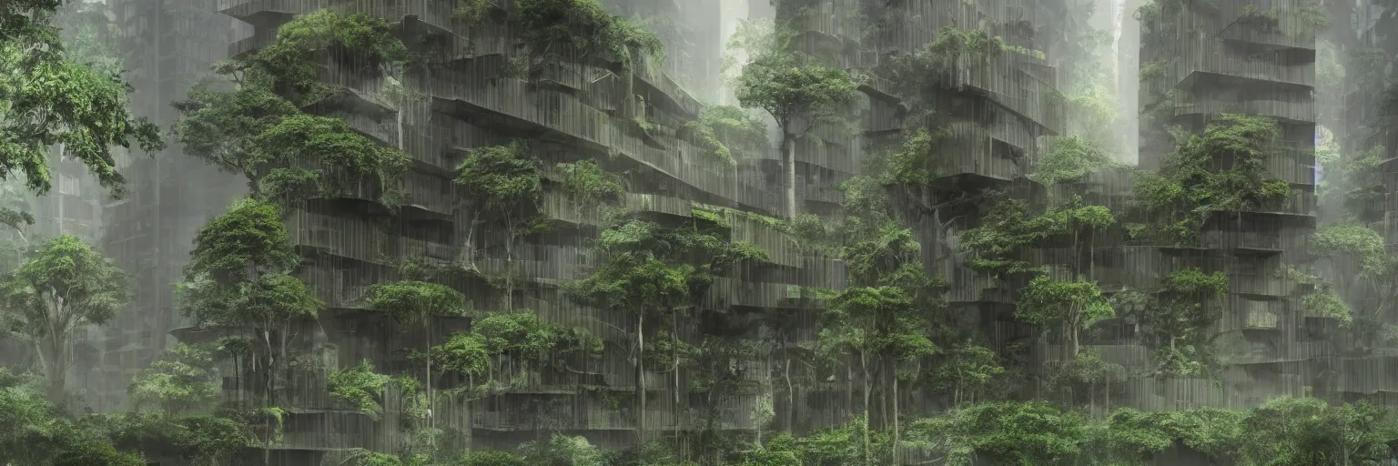 Image similar to brutalist architecture inspired by louis kahn deep in the rainforest. nature is taking over. matte painting. concept art. color scheme dark green and dark yellow. mist. cinematic.