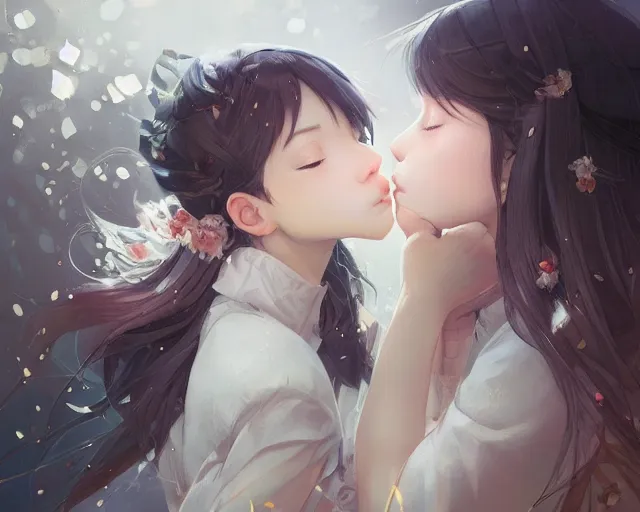 Image similar to two beautiful girls kissing, sharp details, sharp focus, elegant, highly detailed, illustration, by jordan grimmer and greg rutkowski and pine ( ハイネ ) and 薯 子 imoko and 香 川 悠 作 and wlop and maya takamura, intricate, beautiful, trending artstation, pixiv, digital art