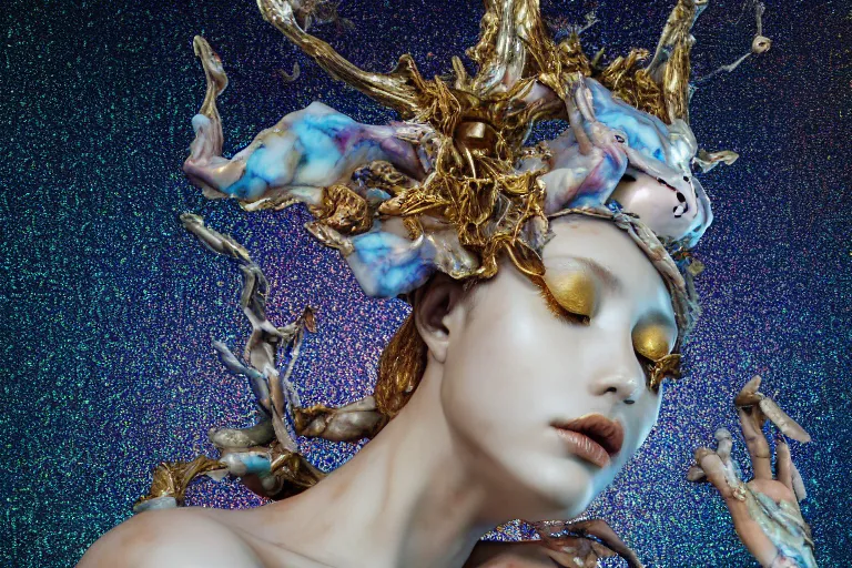 Image similar to Cinestill of A heartbreaking realistic 8k Bernini Sculpture of a stunning intricate cracked multicolored milky cosmic marble Evangelion Fallen Angel Devil Queen adorned in sentient mycelium mystical jewelry and ancient Empress crown and misty xparticles. by Yoshitaka Amano, Daytoner, Greg Tocchini, Scattered golden flakes, Hyperrealism. Subsurface scattering. Octane Render. Weirdcore, perfect face