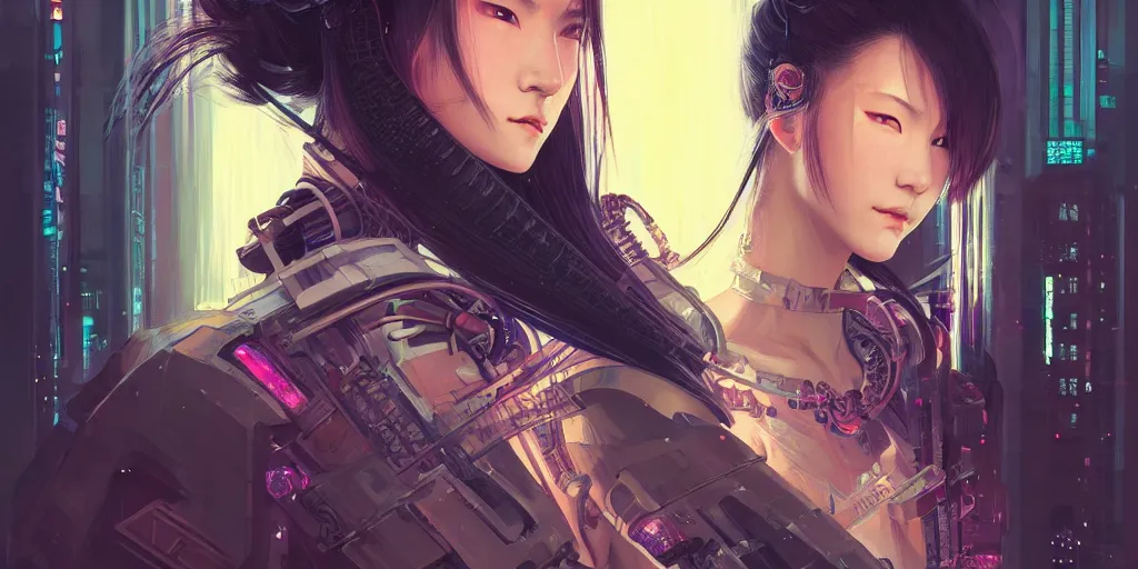 Image similar to portrait of a young female cyberpunk samurai in neotokyo at night, futuristic cyberpunk tokyo night, sci - fi and fantasy, intricate and very beautiful, highly detailed, digital painting, artstation, concept art, smooth and sharp focus, illustration, art by tian zi and wlop and alphonse mucha