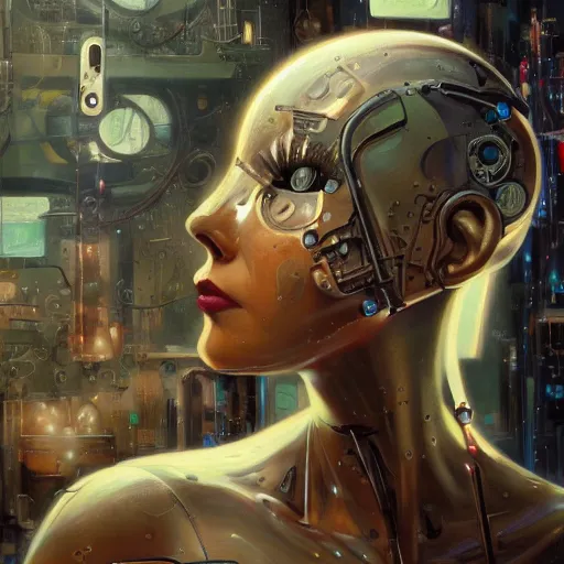 Prompt: detailed face of a clockwork biomechanical woman, moment, cyberpunk cloisters, electronic billboards, tech noir, wet reflections, prism, atmospheric, ambient, pj crook, syd mead, livia prima, greg rutkowski, edward hopper