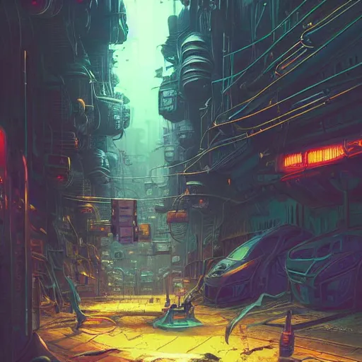 Prompt: A beautiful ultra detailed concept art landscape of the underbelly of a cyberpunk city black market alley way on an alien planet, dirty and robust, cool color scheme by Pixar, dan mumford, beeple, sparth, andreas rocha john howe, and Martin Johnson Heade, concept art wallpaper, featured on conceptartworld, cinematic lighting, landscape photography composition, f16, night time, unreal engine, trending on behance, featured on artstation