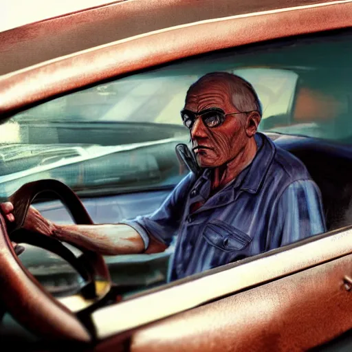 Prompt: highly detailed old man in car holding gun gta v art,, fantasy art by stephen bliss