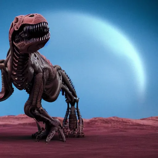 Prompt: still of a cyborg T-Rex on an alien planet, ruby eyes, robotic extended arms, 4k, film grain, 85mm