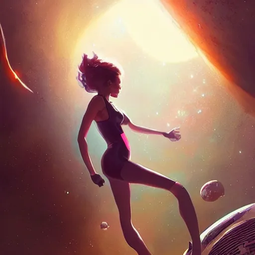 Prompt: a space woman climbing out of a computer screen into a new dimension, illustration, art by artgerm and greg rutkowski,