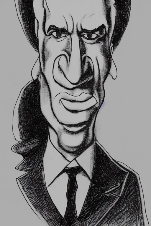 Prompt: a caricature of saul goodman by tom richmond, black pen on paper. detailed, hd image,