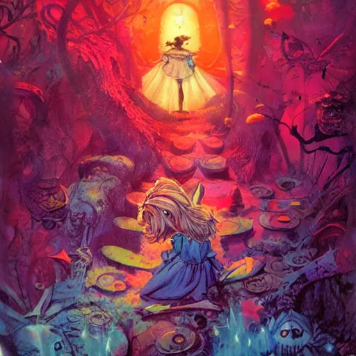 Prompt: alice in wonderland, by ross tran and basil gogos and phillipe druillet and paul lehr, trending on artstation hq, deviantart, pinterest, 4 k uhd image