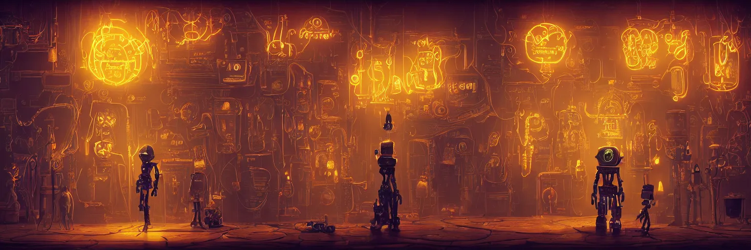 Image similar to a beautiful tapestry of a dream, a robot standing, ultra detailed, dark, steampunk, moody, candles, neon signs, infographic, characters from machinarium, by don bluth, trending on artstation, octane render