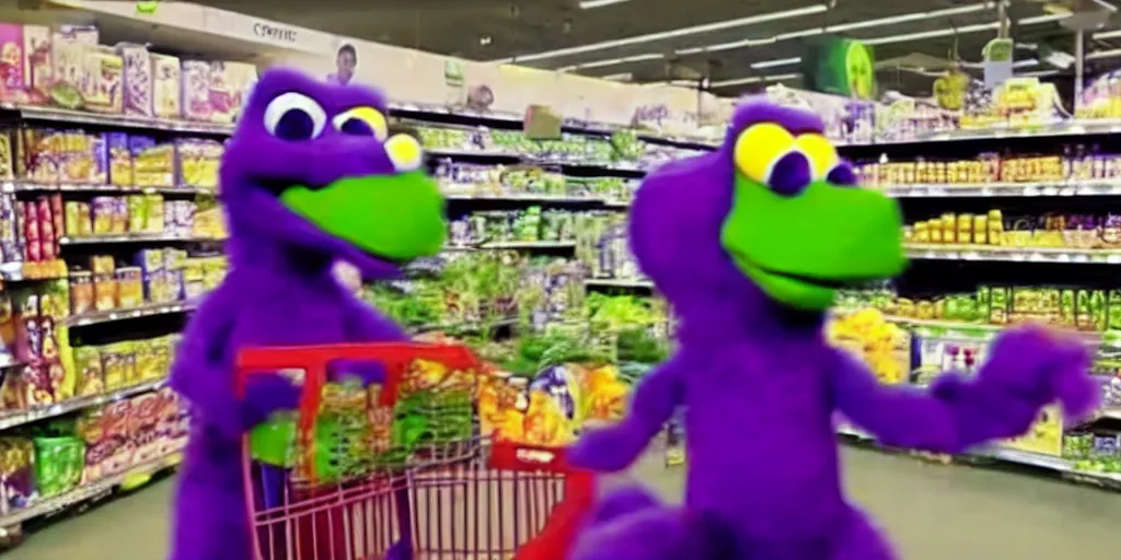 Prompt: cc - tv video of barney the dinosaur getting groceries