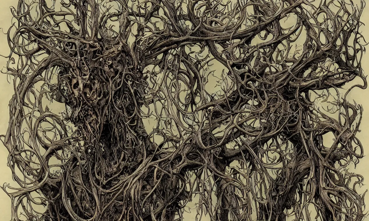 Image similar to hyperdetailed art nouveau portrait of treebeard as a cthulhu eyeball moose skull wendigo cryptid monster, by geof darrow, simon bisley and bill sienkiewicz, grim yet sparkling atmosphere, photorealism, claws, skeleton, antlers, fangs, forest, wild, bizarre, scary, lynn varley, lovern kindzierski, steve oliff