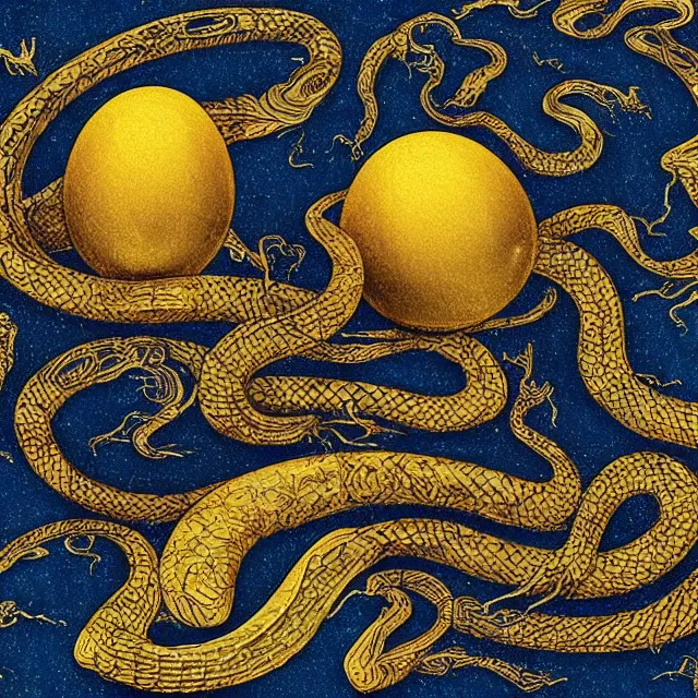 Prompt: a golden egg cracking open with a many headed serpent rising out, occult aesthetics alchemy, award winning art, chromatic aberration